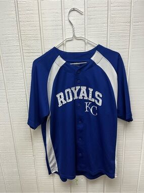 MLB Kansas City Royals Boys Large Jersey Blue/White Button Down Baseball SS Top